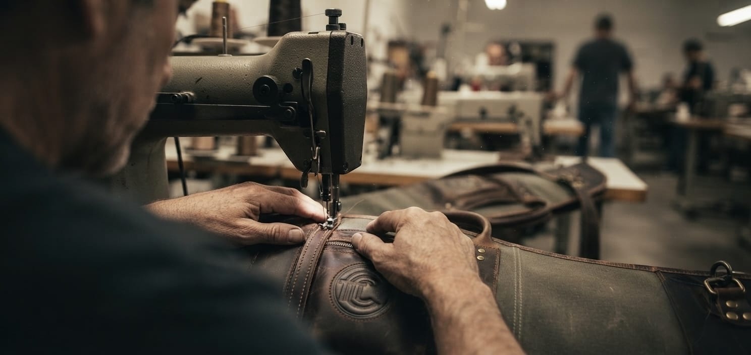 A close-up lifestyle shot of a leather craftsman using a vintage sewing machine to sew a brown leather bag in a workshop.