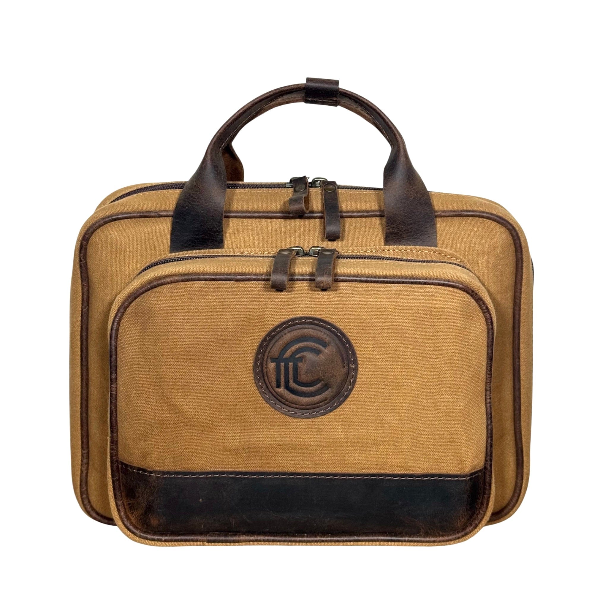 CLEAN TRIGGER Brown Canvas Leather Handgun Range Bag Brown Canvas Leather Handgun Range Bag