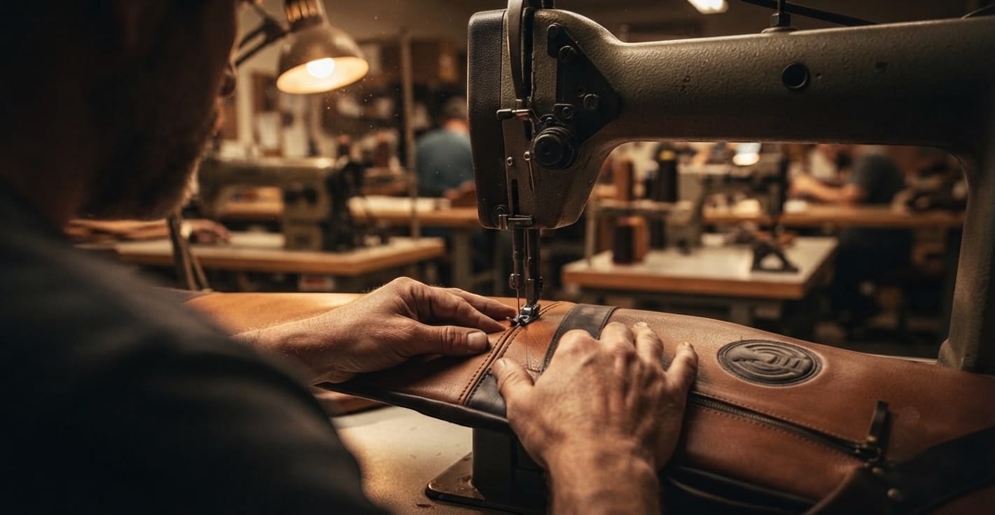 A close-up lifestyle shot of a leatherworker using a vintage industrial sewing machine to sew a brown leather bag in a warm, dimly lit workshop.