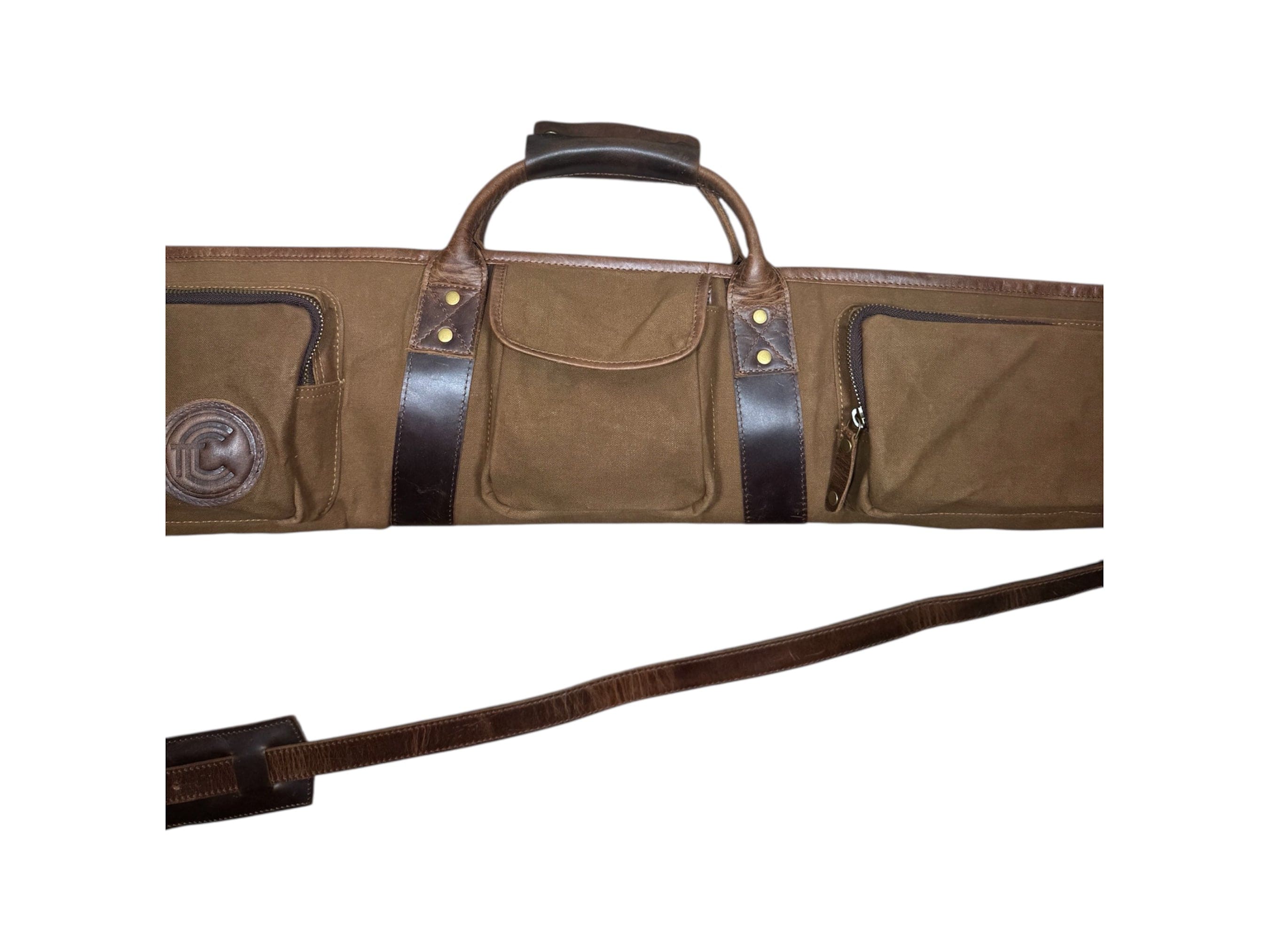 CLEAN TRIGGER Shotgun case - Brown Canvas Leather with three exterior pockets. | Ships Out Same Day ! Shotgun case - Brown Canvas Leather with three exterior pockets. | Ships Out Same Day !